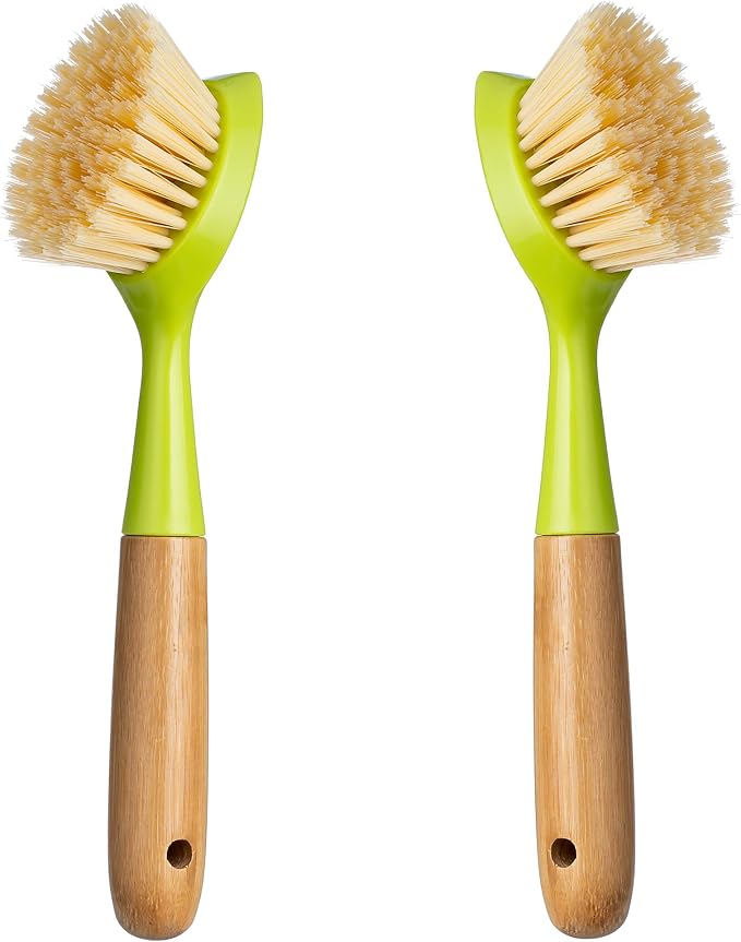 2 Pack Kitchen Dish Brush Bamboo Handle Dish Scrubber Built-in Scraper by Songtaste