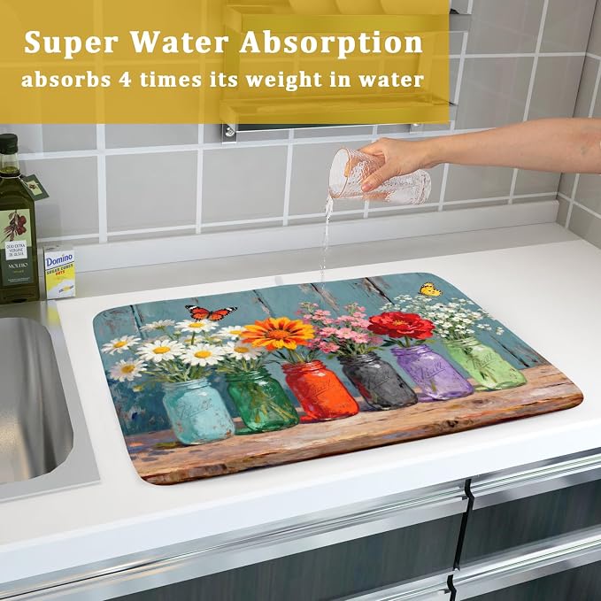 Dish Drying Mat for Kitchen Counter 18x24, Spring Summer Floral Decorative - Image 7