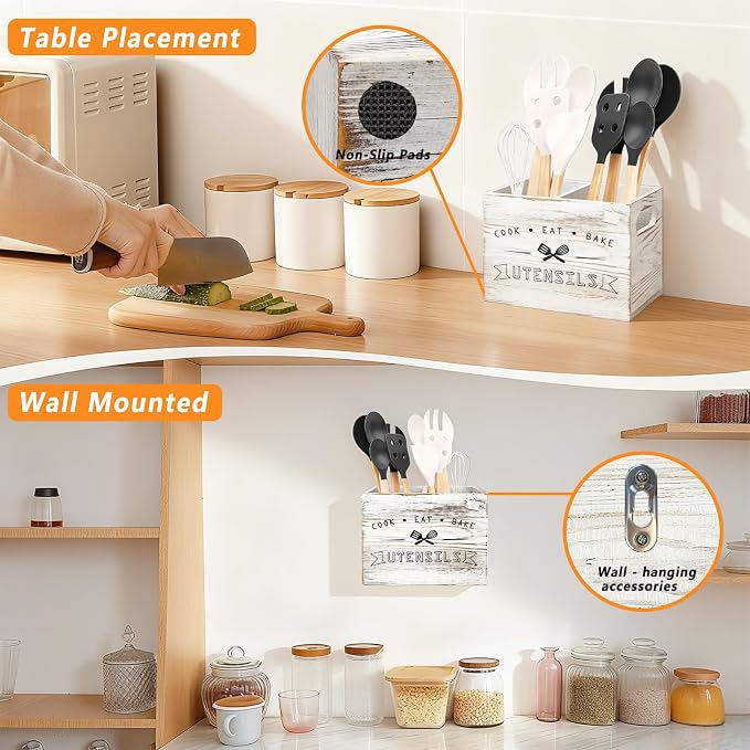 Retro White Wood Kitchen Utensil Holder - Image 3