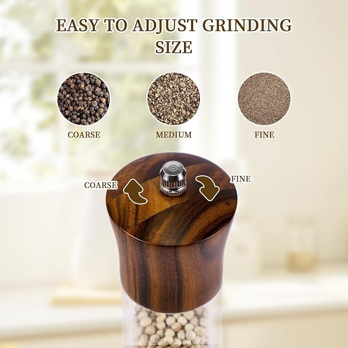 XWXO Acacia Wood Premium Acrylic Salt and Pepper Grinder Set 8 Inches Salt and - Image 6