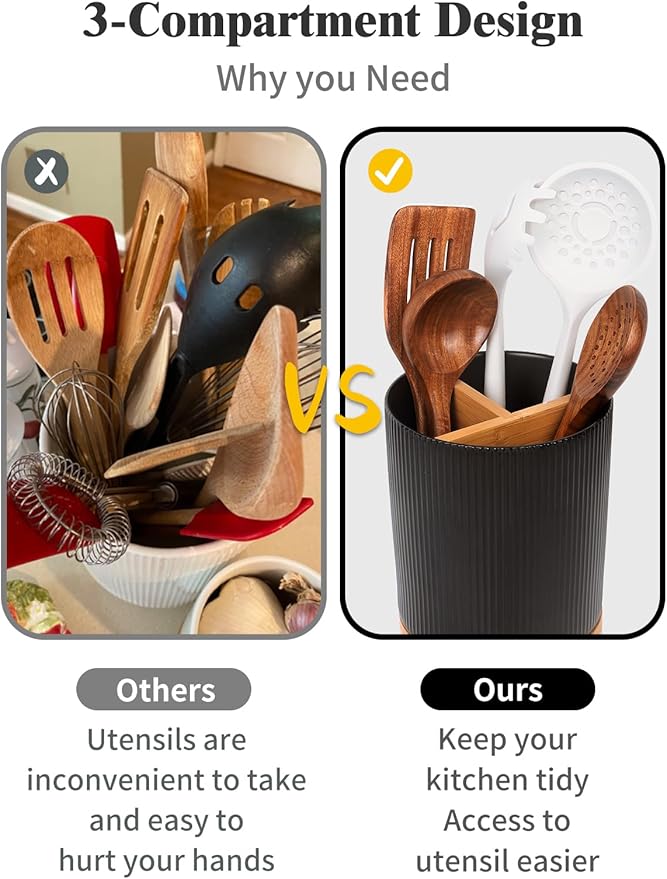 LoeJan 3 Compartment Utensil Holder, Extra Large Utensil Crock, Stable Ceramic - Image 5