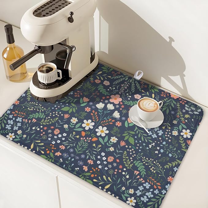 Floral Dish Drying Mat for Kitchen Counter Rustic Flower Leaves Print - Image 7