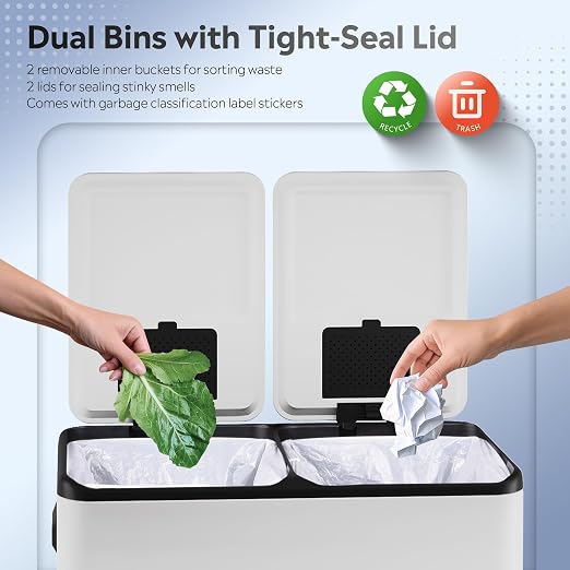 WLIVE 2 x 8 Gallon Stainless Steel Dual Trash Can, Double Trash Can Kitchen - Image 4