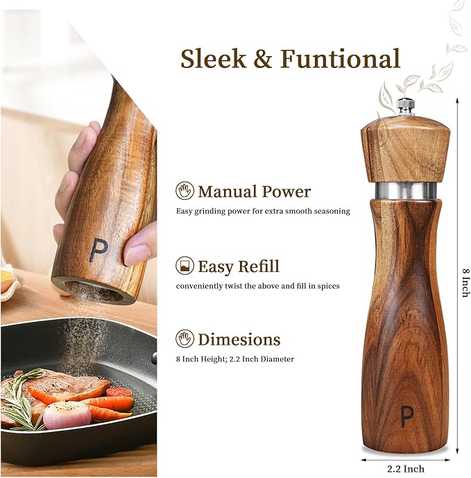 2 Pack Acacia Wood Salt and Pepper Grinder Set, Wooden Salt and Pepper Mill Set - Image 3