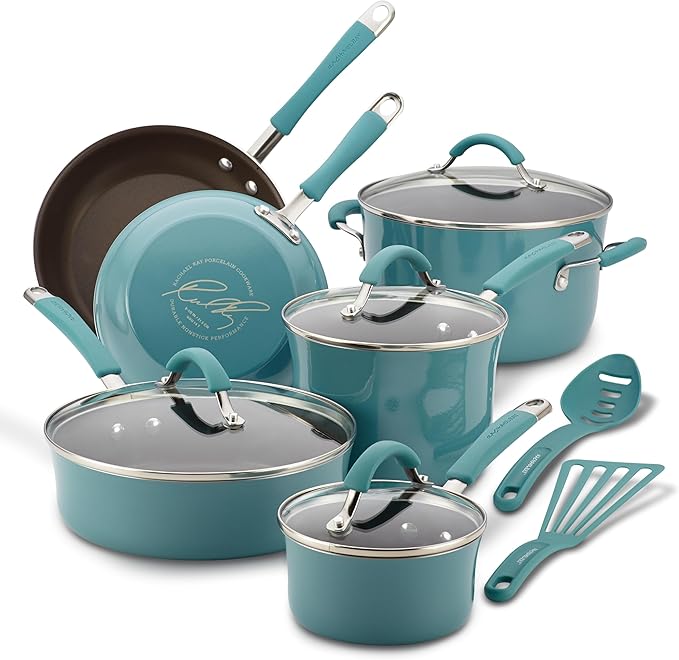 Rachael Ray Cucina Nonstick Cookware Pots and Pans Set, 12 Piece, Agave Blue by RachaelRayKitchenware