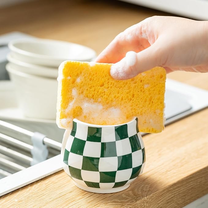 Zoeeker Kitchen Sponge Holder, Ceramic Sponge Organizer Checkered Scrubby - Image 5