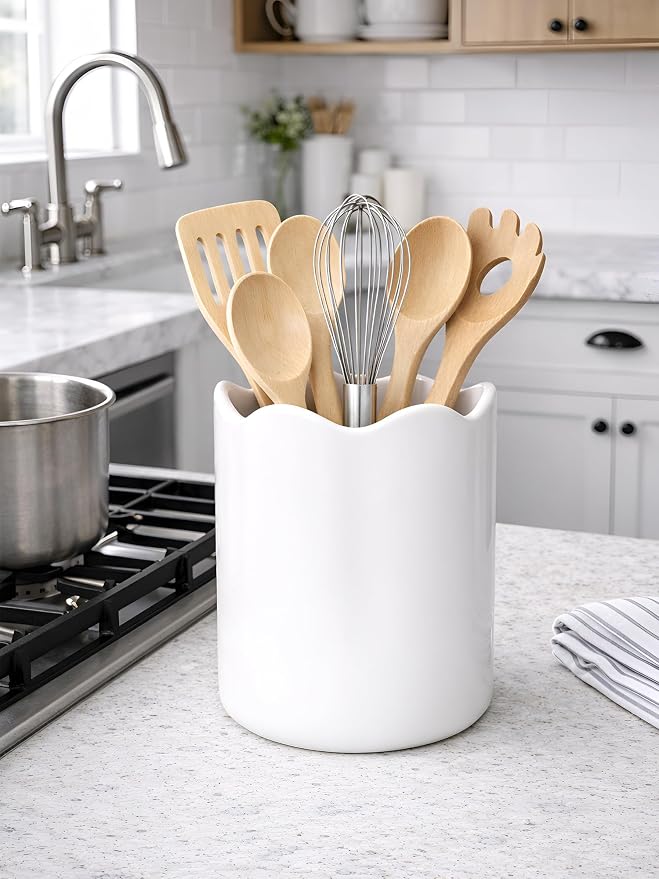 Ceramic Utensil Holder for Kitchen Counter, 7.1" Large Kitchen Utensil Holder - Image 2