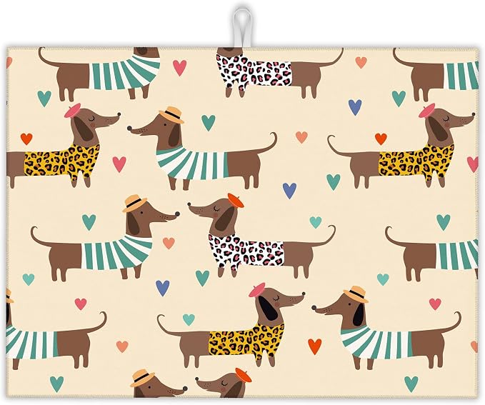 Dachshunds Dogs Dish Drying Mats 18x24 Inch, Leopard Print Hearts Dish Pad by UIUPRO