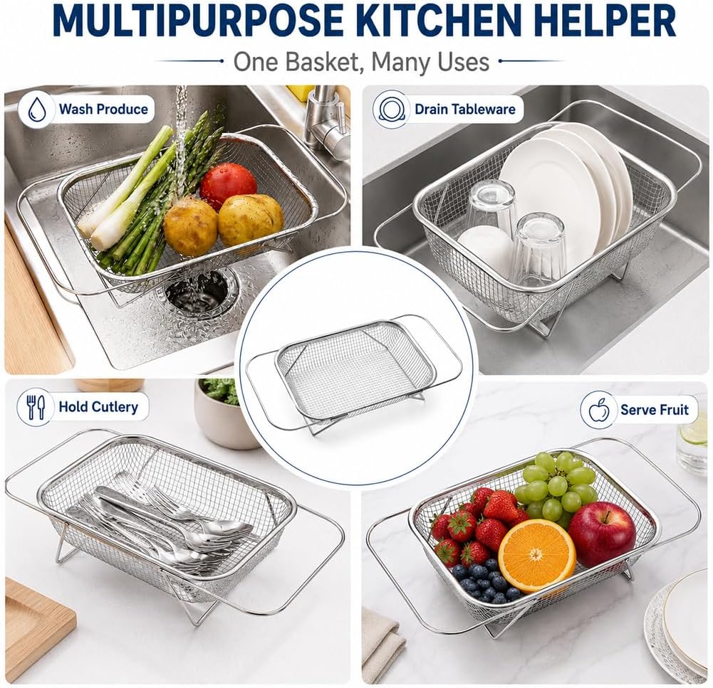 Stainless Steel Telescopic Drainer Basket Adjustable with Handles,M