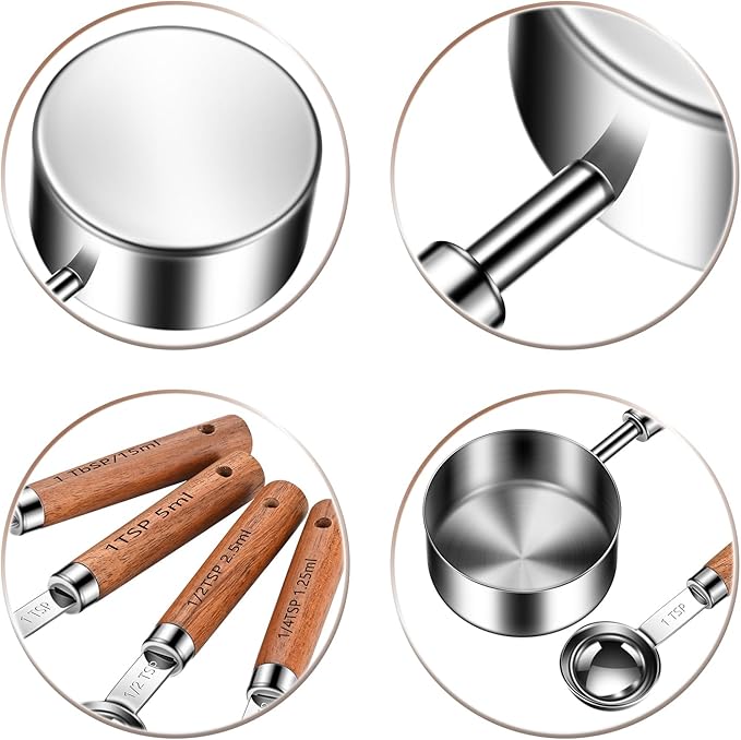 Stainless Steel Measuring Cups and Spoons Set of 8, Stackable Wooden Handle - Image 5