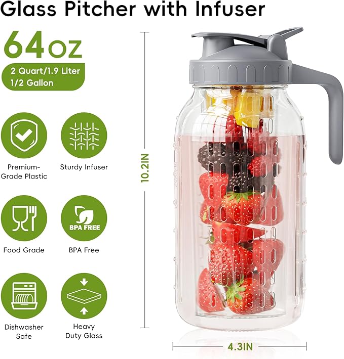 JunVpic Glass Mason Jar Pitcher, 64oz Wide Mouth Jug - Image 2