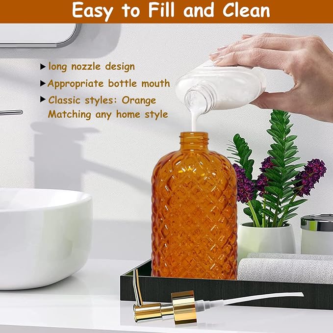 Glass Soap Dispenser with Gold Plastic Pump, 13.5oz Refillable Liquid Hand Soap - Image 3