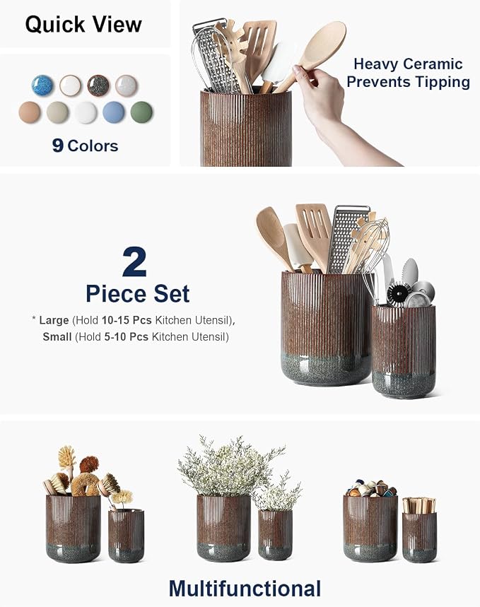 LE TAUCI Utensil Holder for Kitchen Counter, 7.3"+5.4" Fluted Ceramic Utensil - Image 2
