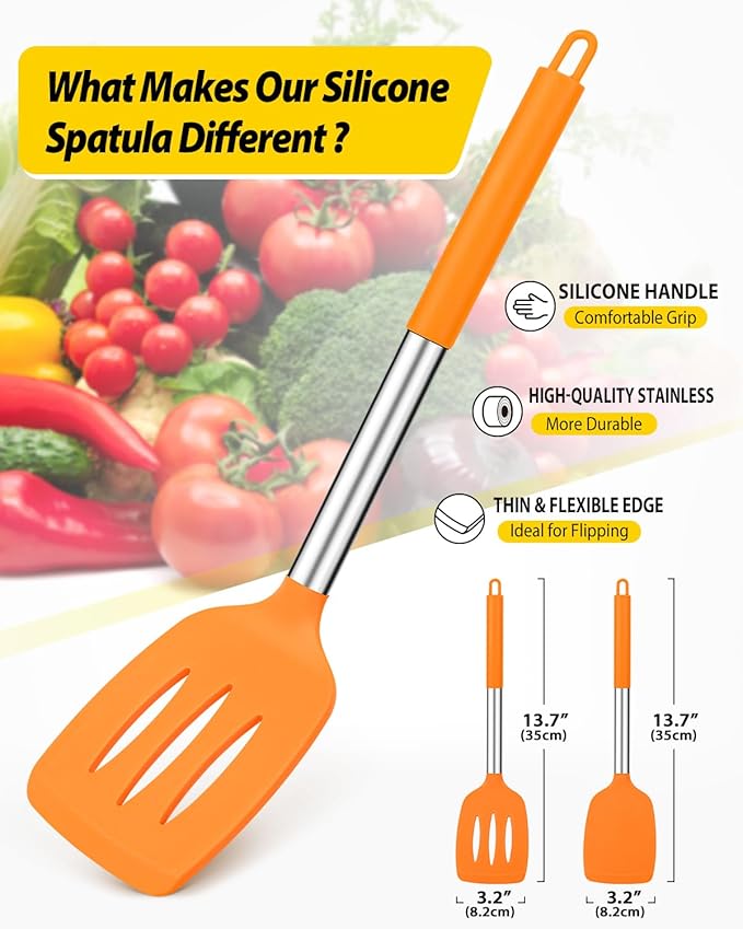 Pack of 2 Silicone Solid Turner, Non Stick Slotted Kitchen Spatulas, High Heat - Image 2