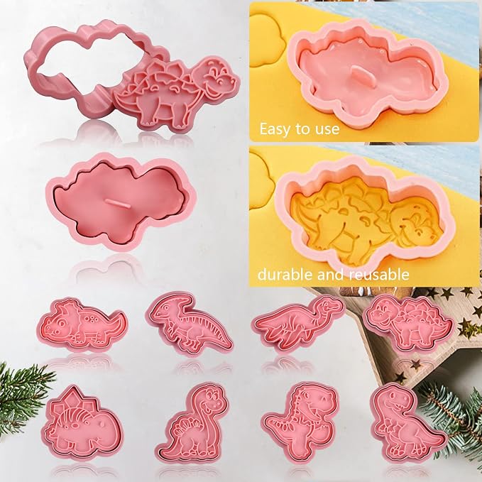 Dinosaur Cookie Cutters With Plunger Stampers Set, 8 Piece 3D Dinosaur - Image 4