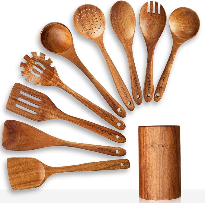 Wooden Spoons for Cooking, Wooden Cooking Utensil Set, 10-Piece Wooden Kitchen by WOTTISH