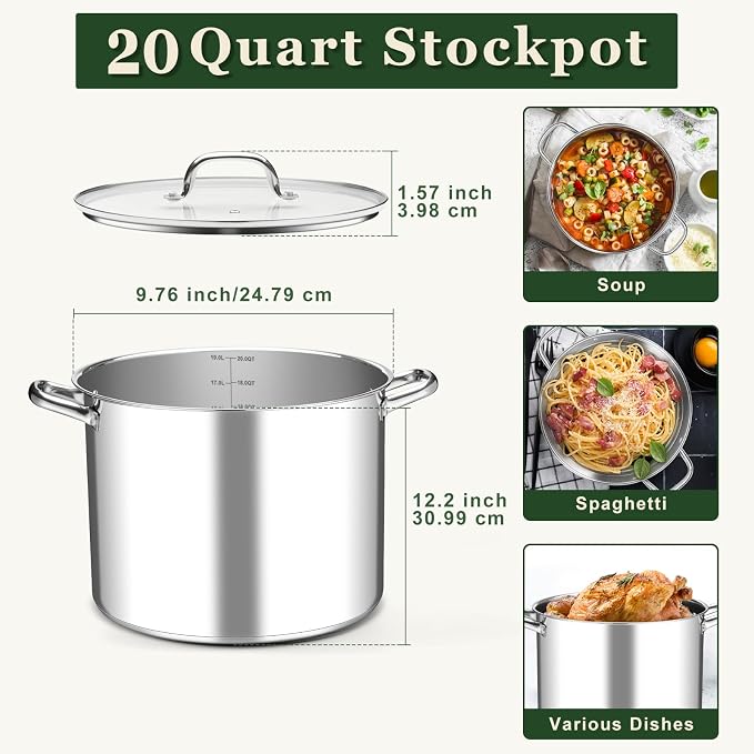 Leonyo 20QT Stock Pot, 18/10 Stainless Steel Soup Pot - Image 2
