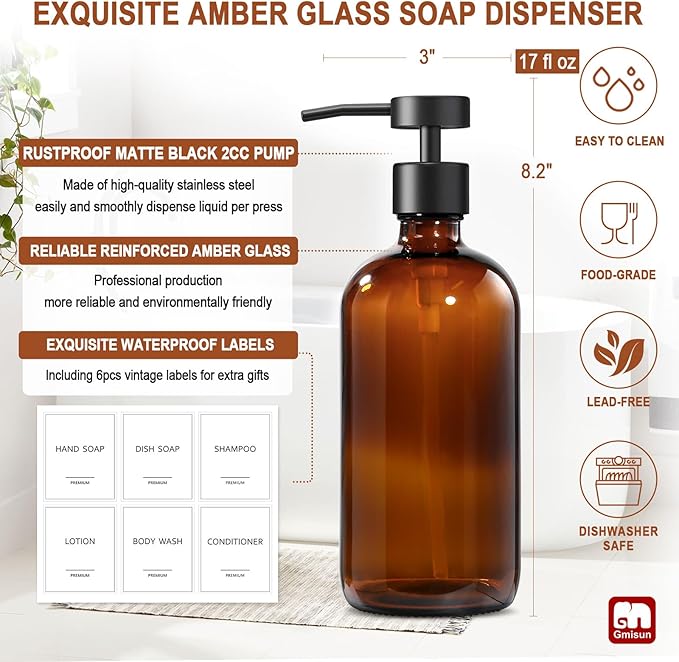 GMISUN Amber Glass Soap Dispenser, 6 Pack Bathroom Hand Soap Dispensers - Image 3
