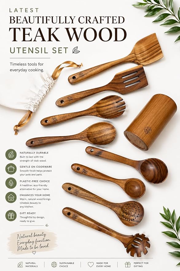 Wooden Cooking Utensils Set – Coki Home 9-Piece Teak Wood Kitchen Utensils - Image 6