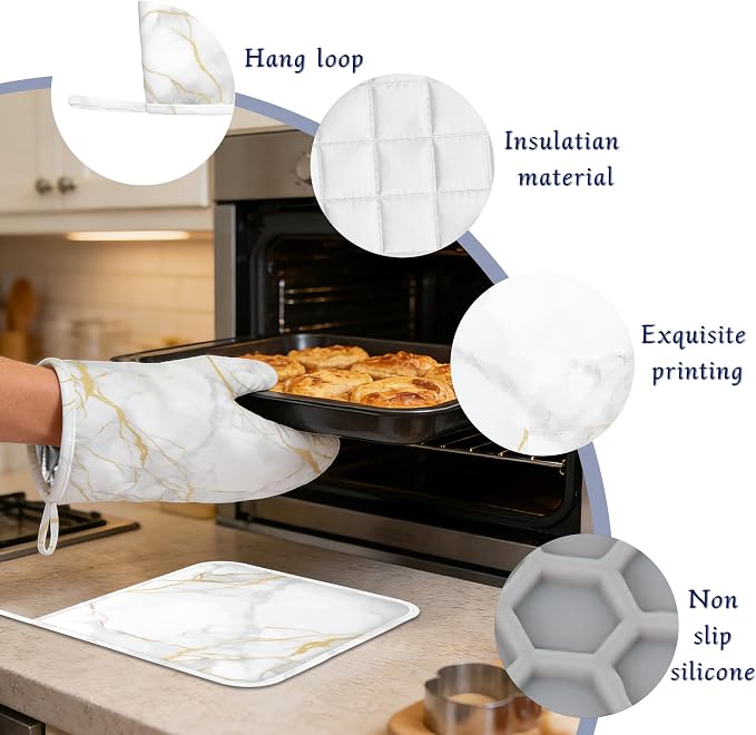 White Gold Marble Pot Holders and Oven Mitts Set Silicone Abstract Marble - Image 4
