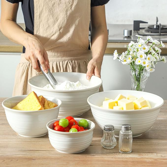 Hasense Porcelain Mixing Bowls, 2.8/2.1/1.0/0.5 Qt, Handmade Large Salad - Image 6