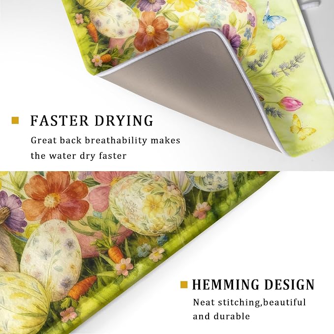 Easter Egg Dish Drying Mat 18x24 Inch Bunny Floral Green Drying Pad - Image 3