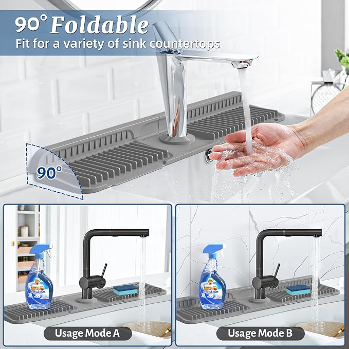 PoYang 24 inch Faucet Mat for Kitchen Sink Splash Guard, 7° Slope Silicone Sink - Image 2