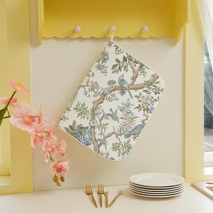 Blue Green Dish Drying Mat 18x24 Inch Chinoiserie Vintage Floral Bird Drying - Image 5