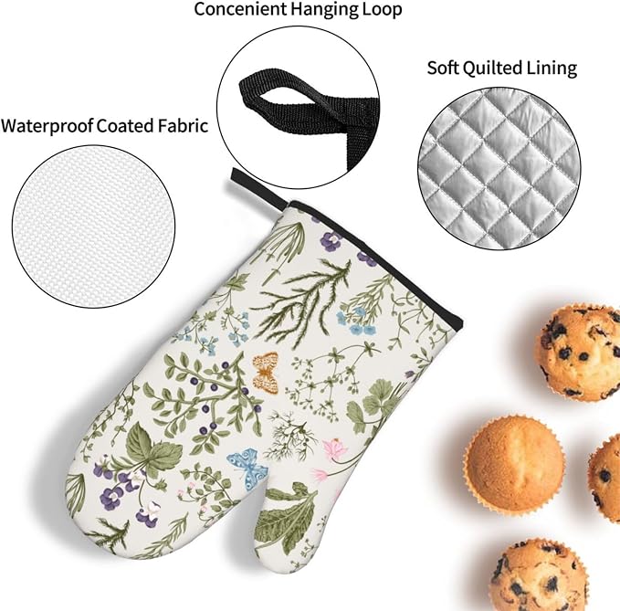 Vintage Floral Oven Mitts and Pot Holders Sets of 3 Cute Botanic Hot Pads Herbs - Image 5