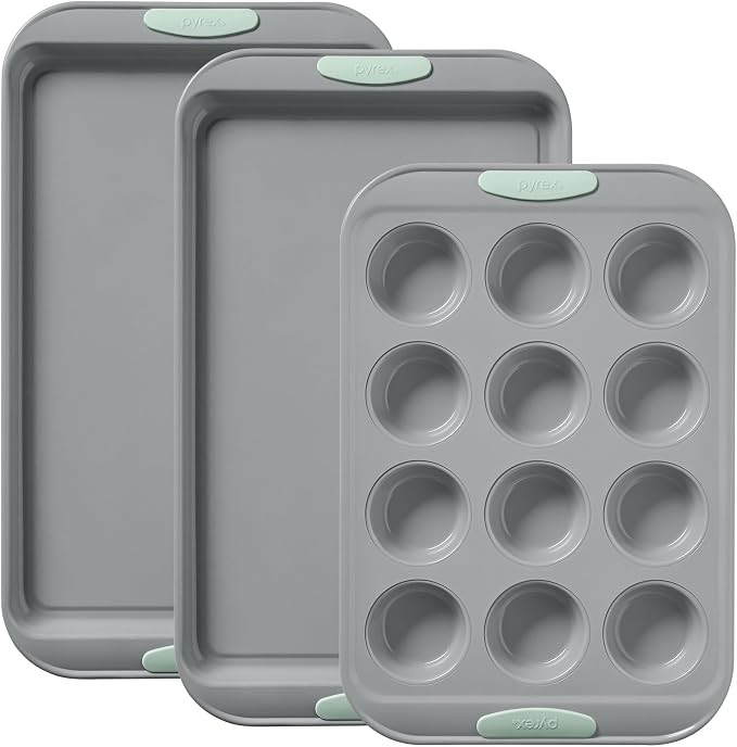 Pyrex 3-Piece Metal Cookie & Muffin Sheet Bakeware Set, Lightweight Stainless by Pyrex