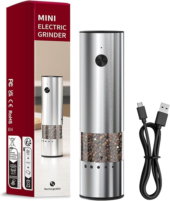 Mini Electric Salt and Pepper Grinder Stainless steel, USB Rechargeable by TNUMDRT