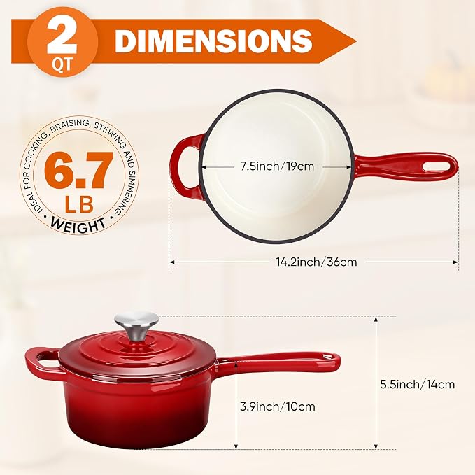Homikit Small Sauce Pan with Lid, 2QT Enameled Cast Iron Saucepan, Enamel Cast - Image 2