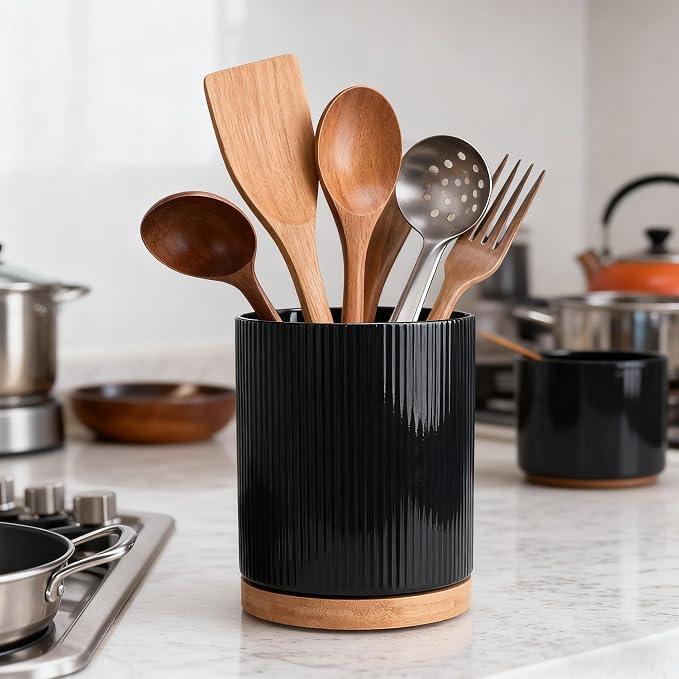 QUELIEN Utensil Holder, 360° Rotating Ceramic Kitchen Utensil Holder - Image 6