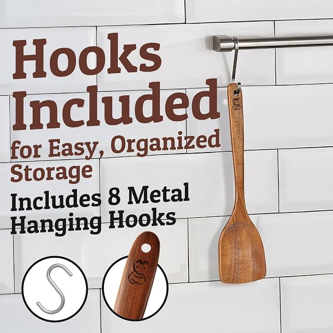 PriorityChef Wooden Spoons for Cooking, Premium 8pc Teak Wood Utensil Set - Image 6