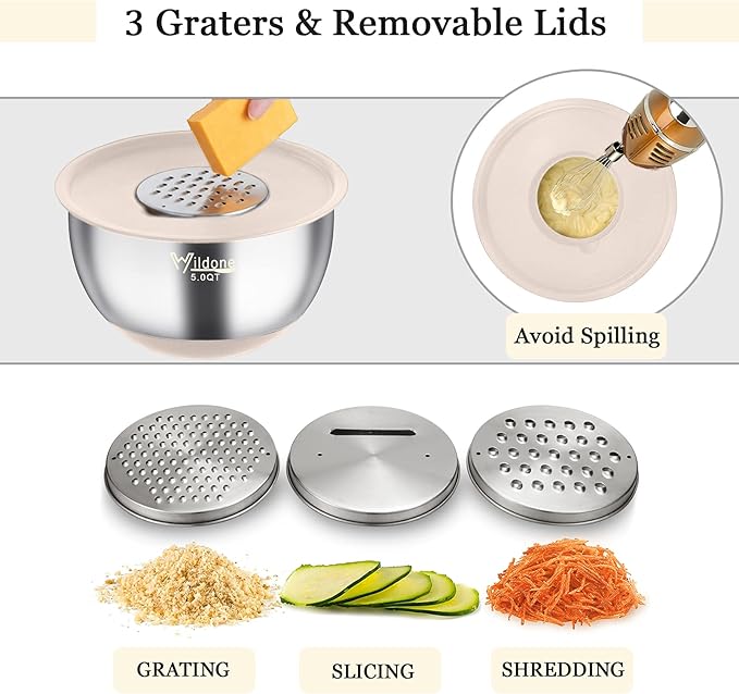 Wildone Mixing Bowls with Airtight Lids, with 3 Grater Attachments, Scale Marks - Image 3