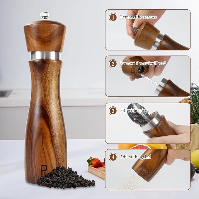 Haomacro 2 Pack Wood Salt and Pepper Grinder Set, Acacia Wood Salt and Pepper - Image 2
