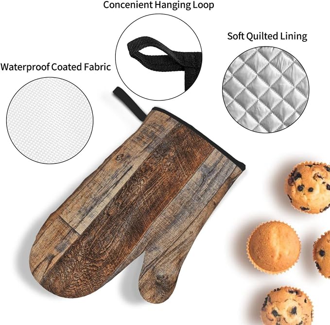Oven Mitts and Pot Holders Sets of 4, Vintage Brown Wood Splicing Pattern - Image 5