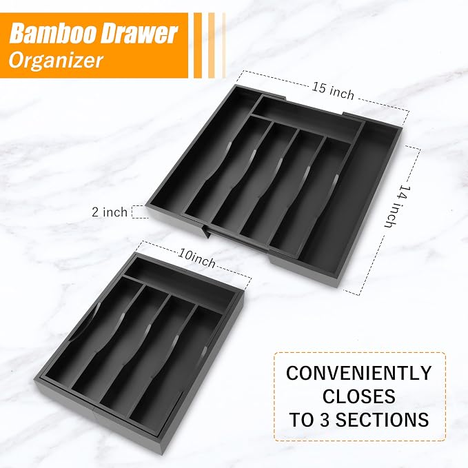 Bellsal Black Silverware Organizer Kitchen Drawer Organizer Expandable Bamboo - Image 2