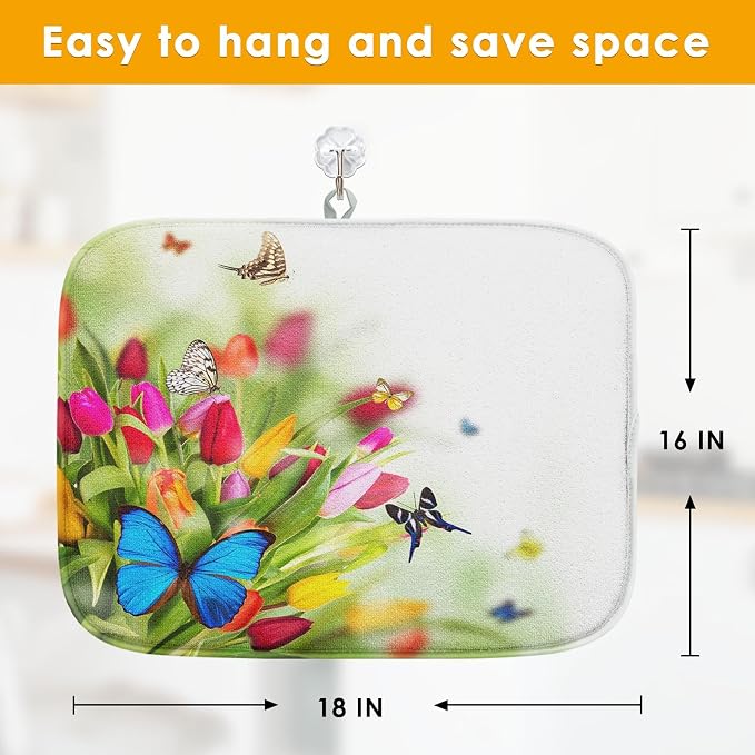 Sanwarm Absorbent Dish Drying Mat, Spring Flowers Butterflies Microfiber Pad - Image 2