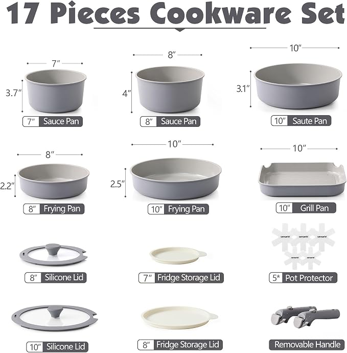 SENSARTE 17 Piece Ceramic Pots and Pans Set, Nonstick Detachable Handle Cookware - Image 2