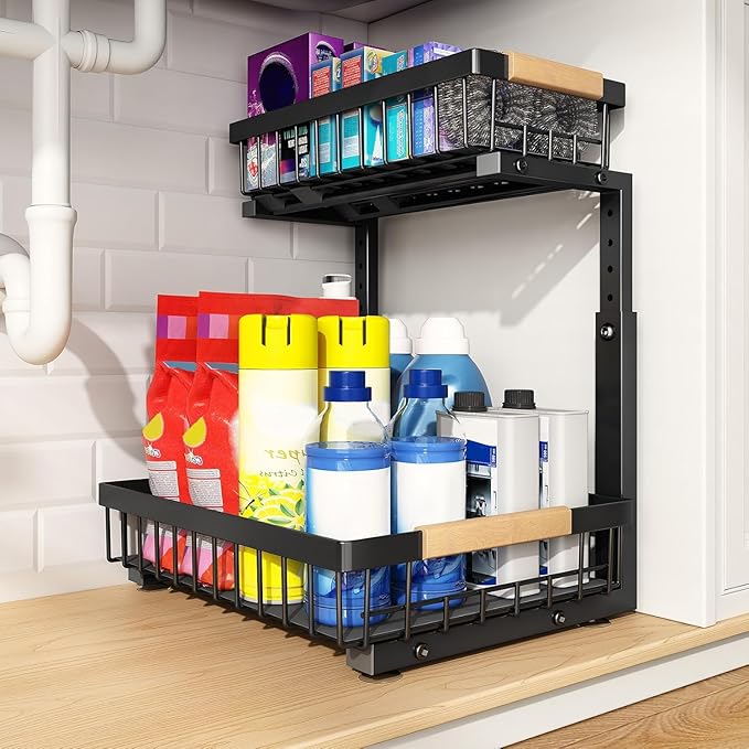 PXRACK Under Sink Organizer, Adjustable Height, 2 Tier Pull Out Under Cabinet by PXRACK