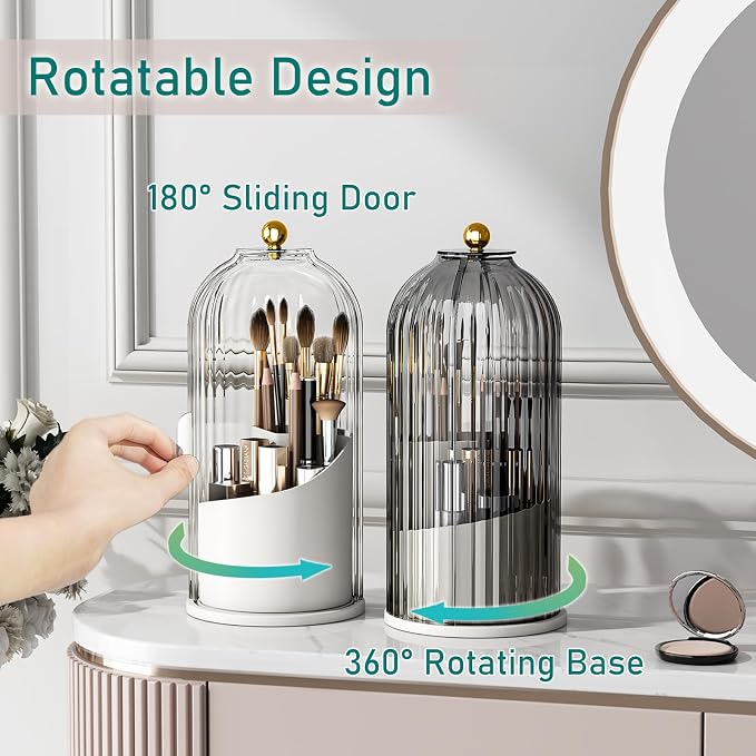 GAXmi Makeup Brush Holder with Lid Cosmetic Tools Organizer 360 Rotating - Image 3