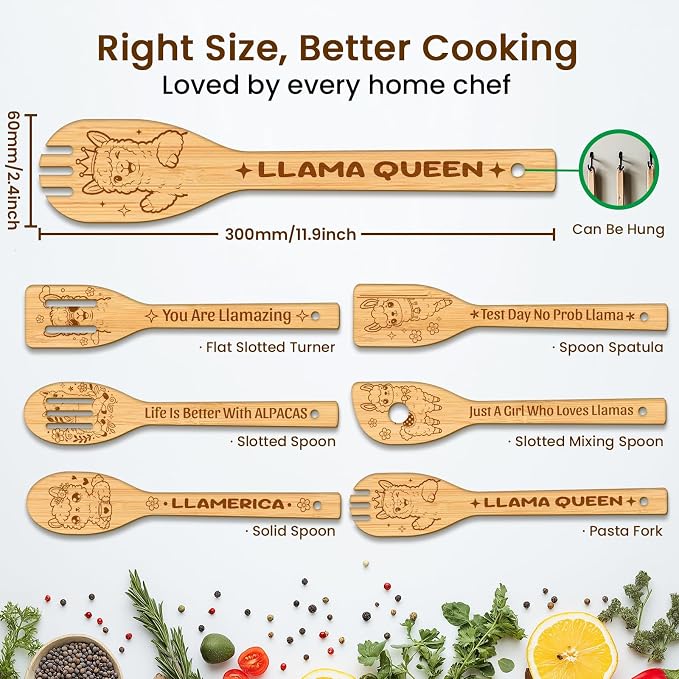 CUTHOLLOW 6PCS Alpacas Wooden Kitchen Cooking Utensil Set, 11.9in Non Toxic - Image 2