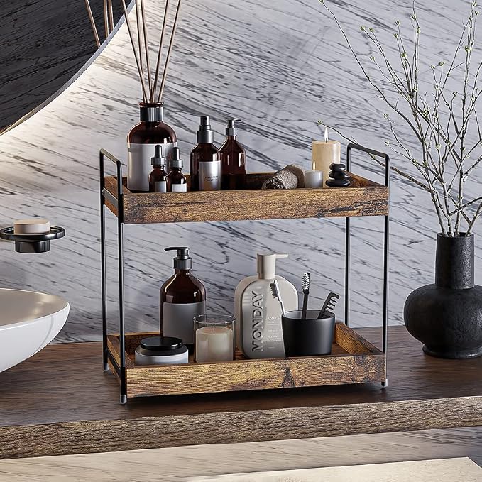 2-Tier Bathroom Counter Organizer, Wood Kitchen Countertop Spice Rack, Vanity - Image 4