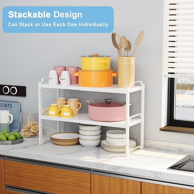 Set of 2 Expandable Kitchen Cabinet Shelves Organizers, Stackable Adjustable - Image 3