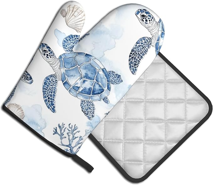 Navy Blue Ocean Sea Turtle Oven Mitts and Pot Holders Sets of 2 Summer Gift - Image 2