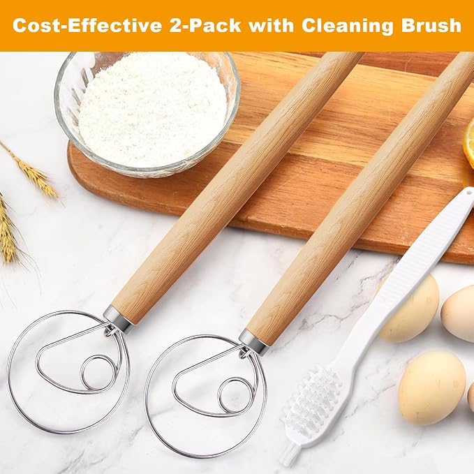 Aqdocvf 2-Pack Danish Dough Whisk, 13-Inch Dutch Whisk - Image 2