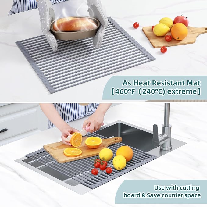 Ohuhu Over Sink Dish Drying Rack, Silicone Wrapped 17.6" W x 15.4" L Large Over - Image 3