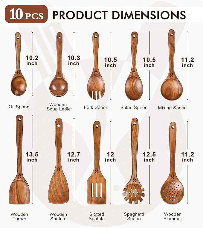 Wooden Spoons for Cooking, Comfortable Grip Wooden Utensil Set for Nonstick - Image 3