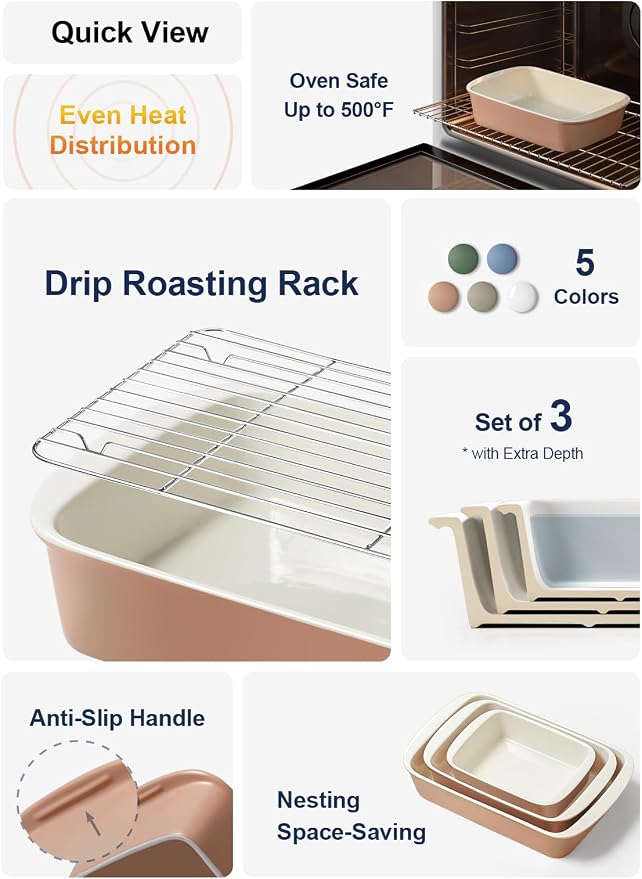 LE TAUCI Deep Casserole Dishes for Oven, 13.7”x9.6” Ceramic Baking Dish Set - Image 2